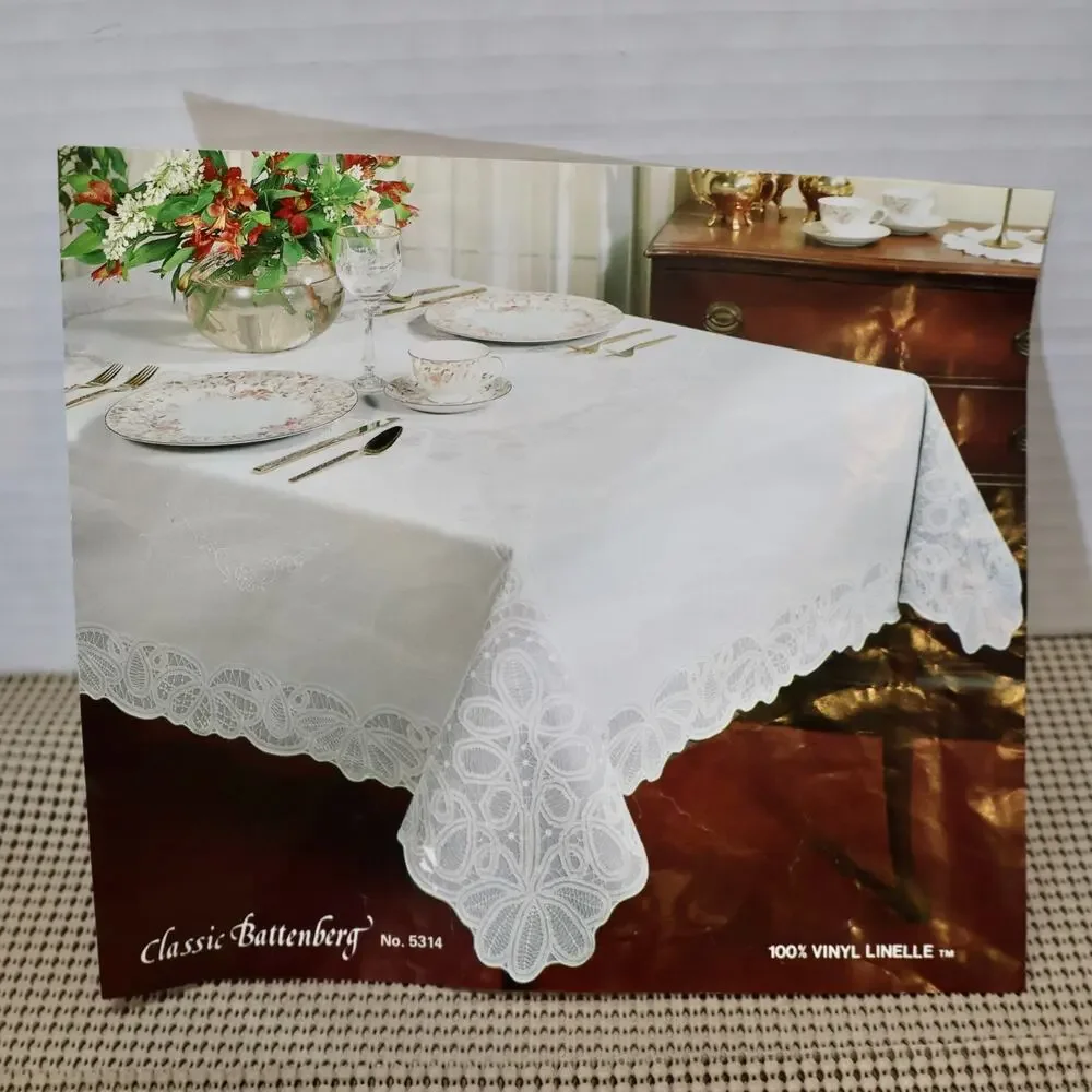 Vintage Vinyl Tablecloth Battenburg Lace White 60X90 Oblong NEW